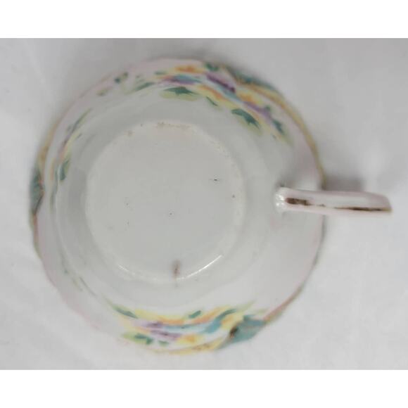 Vintage Bone China Hand Painted Teacup with Soft Flowers and Green/Yellow Trim - Picture 5 of 5